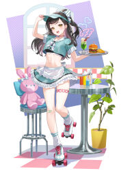  1girl apron bendy_straw blue_shirt blue_skirt bow breasts burger carhop checkered_floor cherry choker commentary_request crop_top diagonal-striped_bow drinking_straw ear_bow earrings food french_fries frilled_apron frilled_skirt frills fruit heart heart_earrings highres holding holding_tray jewelry loose_socks medium_breasts melon_soda midriff navel nima_(niru54) original plant potted_plant red_choker roller_skates shirt short_sleeves skates skirt socks solo standing standing_on_one_leg stuffed_animal stuffed_rabbit stuffed_toy table tray waist_apron white_apron white_background white_bow white_footwear white_socks window 