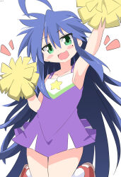  1girl :d absurdres ahoge birthmark blue_hair blush cheerleader commentary cynical_(llcbluckg_c004) dress green_eyes highres izumi_konata jumping long_hair looking_at_viewer lucky_star open_mouth pom_pom_(cheerleading) purple_dress red_footwear shoes signature simple_background smile socks solo very_long_hair white_background white_socks 