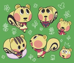  1girl :3 :d :o ^^^ ^_^ animal_crossing bean_bag_chair blush blush_stickers bow bowtie brown_eyes cally_(animal_crossing) closed_eyes closed_mouth commentary_request cropped_torso dress flower green_background hand_up highres kopa_nishikida multiple_views nintendo open_mouth red_bow red_bowtie red_dress shirt short_sleeves simple_background sitting sleeveless sleeveless_shirt smile surprised sweatdrop two-tone_dress upper_body white_dress wide-eyed 
