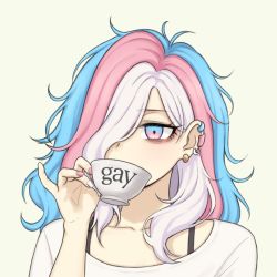  1girl bags_under_eyes beige_background blue_eyes blue_hair bra_strap cup drinking ear_piercing earrings eleonore_(pas_(paxiti)) english_text hair_behind_ear hair_over_one_eye jewelry lgbt_pride long_hair makeup mascara messy_hair multicolored_eyes multicolored_hair multicolored_nails nail_polish original pas_(paxiti) piercing pink_eyes pink_hair pink_nails pinky_out portrait shirt simple_background solo teacup transgender_flag white_hair white_nails white_shirt  rating:Sensitive score:31 user:danbooru