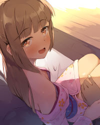  1boy 1girl areola_slip blunt_bangs blush breasts brown_eyes brown_hair cleavage commentary_request downblouse female_pubic_hair floral_print hand_on_another&#039;s_thigh highres idolmaster idolmaster_cinderella_girls japanese_clothes kimono long_hair looking_at_viewer looking_back medium_breasts open_mouth pink_kimono print_kimono pubic_hair seneto sitting smile solo_focus thighs yorita_yoshino  rating:Questionable score:226 user:danbooru