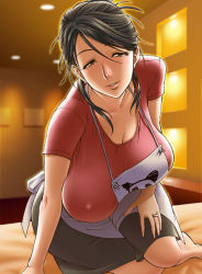 1girl apron black_hair breasts brown_eyes covered_erect_nipples housewife huge_breasts large_breasts mature_female solo tatsunami_youtoku rating:Questionable score:91 user:danbooru