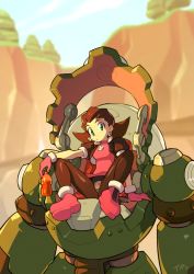  1girl artist_name black_pantyhose boots bottle brown_hair capcom closed_mouth cockpit cropped_jacket crotch_plate dress earrings gloves green_eyes gustaff hair_pulled_back hairband highres jacket jewelry looking_at_viewer m_legs mecha mega_man_(series) mega_man_legends_(series) microdress optionaltypo pantyhose pink_footwear pink_gloves pink_hairband platform_boots platform_footwear robot short_sleeves sleeves_rolled_up solo spread_legs tron_bonne_(mega_man) water_bottle  rating:Sensitive score:31 user:Greengagar