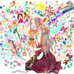  2girls aerith_gainsborough bird boots bow brain_buster brown_footwear brown_hair bug butterfly cat child crayon drawing_(action) dress final_fantasy final_fantasy_vii final_fantasy_vii_rebirth final_fantasy_vii_remake flower full_body green_eyes hair_ribbon holding holding_crayon horse ifalna insect kneeling lily_(flower) long_dress long_sleeves mother_and_daughter multiple_girls open_mouth orange_dress parted_bangs pink_bow pink_ribbon rabbit rainbow red_dress ribbon sailor_collar short_sleeves sidelocks smile socks wavy_hair white_sailor_collar white_socks yellow_flower 