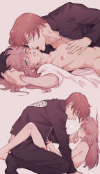  1boy 1girl against_wall amachu_a blue_eyes blush clothed_male_nude_female commentary flat_chest hetero highres hisoka_morow hunter_x_hunter licking licking_another&#039;s_cheek licking_another&#039;s_face machi_komacine naked_shirt nipples nude official_alternate_hairstyle red_hair shirt sweatdrop wavy_eyes yellow_eyes 