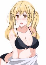  10s 1girl absurdres bang_dream! bare_shoulders bikini black_bikini blonde_hair blush breasts brown_eyes cleavage embarrassed frown hair_ornament highres ichigaya_arisa large_breasts long_hair looking_at_viewer moppy_oekaki navel open_mouth simple_background solo standing swimsuit twintails undressing upper_body white_background x_hair_ornament 