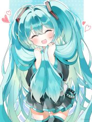  1girl :d ^_^ ahoge aqua_hair black_sleeves blush border closed_eyes commentary grey_shirt hatsune_miku heart highres holding_own_hair long_hair multicolored_background multicolored_hair open_mouth polka_dot polka_dot_background sakubonge shirt smile thighhighs twintails very_long_hair vocaloid white_border 