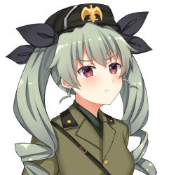 1girl :t anchovy_(girls_und_panzer) belt benito_mussolini benito_mussolini_(cosplay) beret black_hat black_ribbon black_shorts closed_mouth commentary cosplay dress_shirt drill_hair english_commentary frown girls_und_panzer green_hair grey_jacket hair_ribbon hat highres insignia jacket long_hair looking_at_viewer military military_hat military_uniform portrait red_eyes ribbon sam_browne_belt shirt shorts simple_background solo starguard twin_drills twintails uniform white_background