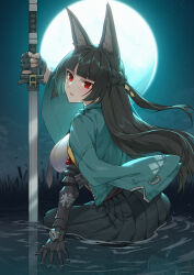  1girl animal_ears aqua_jacket black_gloves black_necktie black_skirt blunt_bangs braid breasts commentary_request fingerless_gloves fox_ears fox_girl from_behind full_moon gloves hair_intakes half_updo high-waist_skirt highres holding holding_sword holding_weapon hoshimi_miyabi jacket large_breasts linreplica long_hair long_skirt looking_at_viewer mechanical_arms mechanical_hands moon necktie night night_sky open_clothes open_jacket outdoors parted_lips partially_submerged planted planted_sword planted_weapon red_eyes shirt sidelocks signature single_glove single_mechanical_arm single_mechanical_hand sitting skirt sky solo sword water weapon white_shirt zenless_zone_zero 