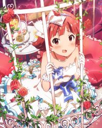  1girl bars card_(medium) dress food fork gloves idolmaster idolmaster_million_live! idolmaster_million_live!_theater_days jewelry necklace nonohara_akane official_art open_mouth pillow red_eyes red_hair solo white_dress white_gloves 