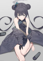  1girl absurdres aji_aji_nori barefoot black_dress black_footwear black_gloves black_hair blue_archive breasts butterfly_hair_ornament china_dress chinese_clothes closed_mouth coat double_bun dragon_print dress gloves grey_coat grey_eyes grey_halo hair_bun hair_ornament halo highres kisaki_(blue_archive) long_hair long_sleeves looking_at_viewer open_clothes open_coat shoes sleeveless sleeveless_dress small_breasts solo striped_clothes striped_coat toes twintails vertical-striped_clothes vertical-striped_coat 