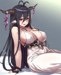 10s 1girl antenna_hair arm_support bad_anatomy bandages black_gloves black_hair blush breasts cleavage danua draph dress female_focus fingerless_gloves gloves gradient_background granblue_fantasy hair_between_eyes hand_on_own_chest horn_ornament horns houtengeki jewelry large_breasts long_hair looking_at_viewer necklace pointy_ears red_eyes solo rating:Sensitive score:110 user:danbooru