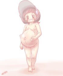  1girl absurdres black_hair bonnet breasts completely_nude creatures_(company) female_focus from_below full_body game_freak grin highres loli looking_at_viewer motion_lines nintendo nude pinkcrayon pokemon poppy_(pokemon) pregnant pregnant_loli short_hair small_breasts smile solo standing walking  rating:Explicit score:92 user:nobunobu