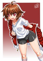  1girl brown_hair cameltoe dress fang gradient_background highres hood hoodie jacket kneehighs mr_bowater no_bra open_mouth pinafore_dress red_eyes red_hair short_hair shorts sleeveless_dress socks solo spandex transparent undressing  rating:Questionable score:16 user:Yeefi