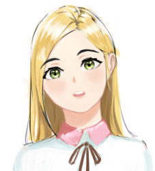  1girl azelweien blonde_hair blush commentary english_commentary green_eyes highres jurassic_cops long_hair looking_at_viewer open_mouth portrait ribbon sarah_(jurassic_cops) shirt solo teeth upper_teeth_only white_shirt 