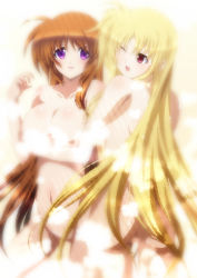  00s 10s 2girls :d ;d ass back bare_shoulders bath bathing blonde_hair blush breast_hold breasts brown_hair cleavage convenient_censoring couple eye_contact fate_testarossa female_focus hair_down highres hug ka2 large_breasts legs long_hair looking_at_another lyrical_nanoha mahou_shoujo_lyrical_nanoha_strikers mahou_shoujo_lyrical_nanoha_vivid multiple_girls nude one_eye_closed open_mouth purple_eyes red_eyes showering smile standing steam steam_censor takamachi_nanoha very_long_hair wink yuri  rating:Questionable score:29 user:aisha61