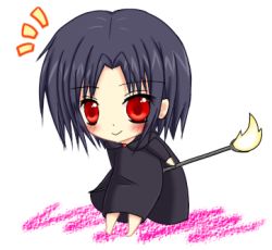  1girl black_hair blush cape chibi demon&#039;s_souls dress female_focus fire from_software full_body lowres maiden_in_black ransyuga red_eyes short_hair solo staff white_background 