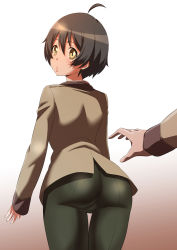 10s 1boy ahoge ass black_hair blazer blush brown_hair disembodied_hand from_behind huge_ass jacket kobayashi_yoshio leaning leaning_forward looking_back pants parted_lips plump ranpo_kitan reaching reaching_towards_viewer short_hair shungikuten skin_tight solo_focus thigh_gap tight_clothes tight_pants yellow_eyes rating:Questionable score:77 user:armorcrystal