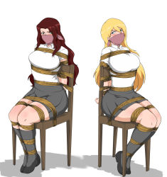  2girls absurdres bdsm blonde_hair blue_eyes bondage bound breasts chair female_focus gag gagged green_eyes highres large_breasts long_hair multiple_girls red_hair  rating:Questionable score:9 user:Lord-General