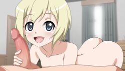  1boy 1girl ass blonde_hair blue_eyes blush censored erica_hartmann hetero highres looking_at_viewer mosaic_censoring nepiris nude open_mouth penis short_hair strike_witches world_witches_series  rating:Explicit score:31 user:tanaab1234567890