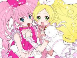  2girls blonde_hair blue_eyes braid brooch candy chocolate chocolate_heart choker closed_mouth commentary cure_melody cure_rhythm dress earrings eating food frilled_cuffs frilled_dress frilled_shorts frilled_skirt frills green_eyes hair_ornament hair_ribbon heart heart_earrings heart_hair_ornament highres holding holding_food holding_hands houjou_hibiki jewelry kagami_chihiro layered_skirt leaning_forward looking_at_viewer looking_back midriff minamino_kanade mouth_hold multiple_girls open_mouth pink_choker pink_hair pink_ribbon pink_shirt pink_skirt precure puffy_short_sleeves puffy_sleeves ribbon shirt short_sleeves shorts skirt sleeveless sleeveless_shirt smile standing suite_precure swept_bangs twintails twitter_username valentine white_background white_dress white_ribbon 