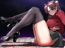 1girl aburisamon alternate_breast_size ass black_bow black_footwear black_skirt black_thighhighs blush bow breast_hold breasts brown_hair closed_mouth clothes_lift commentary_request embarrassed fate/stay_night fate_(series) from_side green_eyes hair_bow high_heels highres knees_up large_breasts leaning_back long_hair long_sleeves looking_at_viewer miniskirt no_panties on_floor over-kneehighs parted_bangs pleated_skirt red_shirt shadow shirt shoes sitting skindentation skirt skirt_lift solo thighhighs thighs tohsaka_rin two_side_up rating:Sensitive score:123 user:danbooru