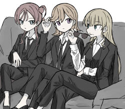  3girls arm_under_breasts black_footwear black_jacket black_necktie black_vest blunt_bangs catchu!_(love_live!) closed_mouth collared_shirt commentary couch crossed_legs hand_up heanna_sumire highres holding holding_removed_eyewear jacket jacket_on_shoulders long_hair long_sleeves love_live! love_live!_superstar!! mary_janes medium_hair melos_(mls_56t) monochrome multiple_girls necktie on_couch shibuya_kanon shirt shoes sitting suit_jacket sunglasses unworn_eyewear upper_body vest waistcoat white_shirt yoneme_mei 