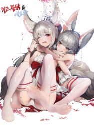 2girls absurdres animal_ear_fluff animal_ears ass bad_id bad_pixiv_id bare_shoulders blade_&amp;_soul blush breasts center_frills commission dress fang feet foot_focus foreshortening fox_ears fox_girl fox_tail frilled_legwear frills garter_straps grey_hair highres hug hug_from_behind legs licking_lips long_hair looking_at_viewer lyn_(blade_&amp;_soul) multiple_girls multiple_tails naughty_face no_shoes one_eye_closed panties petals ponytail red_eyes ribbon short_dress sideboob sitting small_breasts soles spread_legs tail thighhighs toes tongue tongue_out underwear uthy water wet white_legwear white_panties wince wrist_ribbon yuri rating:Questionable score:38 user:danbooru