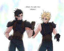  2boys armor belt black_hair blonde_hair blue_eyes blue_pants blue_shirt brown_belt brown_gloves cloud_strife cowboy_shot cybercoughsyrup english_text facial_scar final_fantasy final_fantasy_vii final_fantasy_vii_rebirth final_fantasy_vii_remake gloves hair_slicked_back highres holding_hands interlocked_fingers looking_at_another male_focus multiple_belts multiple_boys pants parted_lips scar scar_on_cheek scar_on_face shirt short_hair shoulder_armor single_bare_shoulder single_shoulder_pad sleeveless sleeveless_turtleneck smile spiked_hair suspenders turtleneck zack_fair 