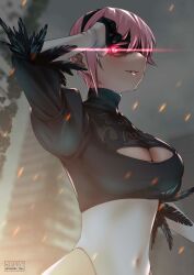  1girl 2b_(nier:automata) 2b_(nier:automata)_(cosplay) arm_up artist_logo black_blindfold black_gloves blindfold blindfold_lift blurry blurry_background breasts cleavage cleavage_cutout clothing_cutout commentary_request corruption cosplay covered_navel dated_commentary embers feather-trimmed_sleeves gloves glowing glowing_eye go-toubun_no_hanayome grey_sky highleg highleg_leotard highres juliet_sleeves large_breasts leotard lifted_by_self long_sleeves looking_at_viewer mole mole_under_mouth nakano_ichika outdoors pink_hair puffy_sleeves red_eyes ruins sakieda_yoyu short_hair sky smile solo 