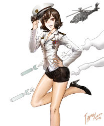  1girl aircraft brown_hair character_name eden_hunter genie_(song) girls&#039;_generation hat hat_tip helicopter high_heels long_hair medal military military_uniform missile naval_uniform open_mouth real_life salute short_shorts shorts sm_entertainment smile solo tiffany_(girls&#039;_generation) uniform 