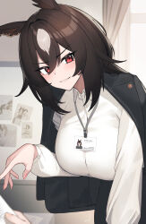  1girl 1other animal_ears black_hair black_jacket blush breasts collared_shirt commentary hayabusa highres horse_ears horse_girl id_card indoors jacket jacket_on_shoulders large_breasts long_hair long_sleeves looking_at_viewer parted_lips red_eyes shirt sirius_symboli_(umamusume) smile solo_focus symbol-only_commentary umamusume upper_body white_shirt 