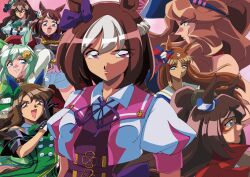  1990s_(style) 6+girls absurdres animal_ears anime_coloring aqua_eyes arm_behind_head black_gloves blue_bow blue_eyes bow braid brown_choker brown_eyes brown_hair choker commentary_request cropped_jacket domino_mask ear_bow ear_covers ear_ornament el_condor_pasa_(umamusume) flower french_braid gloves golden_generation_(umamusume) grass_wonder_(umamusume) green_flower green_hair green_rose hair_between_eyes hair_flower hair_ornament hairclip half_updo highres horse_ears horse_girl jacket king_halo_(umamusume) lapel_pin long_hair mask medium_hair mejiro_bright_(umamusume) montjeu_(umamusume) multicolored_hair multiple_girls neck_flower neck_ribbon ojou-sama_pose open_clothes open_jacket pink_background puffy_short_sleeves puffy_sleeves purple_bow purple_eyes purple_ribbon purple_sailor_collar red_eyes red_mask retro_artstyle ribbon rose sailor_collar seiun_sky_(umamusume) short_hair short_sleeves sidelocks sin_emu single_ear_cover special_week_(umamusume) tsurumaru_tsuyoshi_(umamusume) two-tone_hair umamusume wavy_hair white_hair white_jacket wing_hair_ornament 