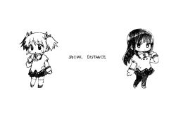  2girls :o akemi_homura bow bowtie chibi clenched_hand closed_mouth collared_shirt coronavirus_pandemic english_text expressionless full_body greyscale hair_ribbon hairband hand_in_own_hair hand_on_own_chin high_collar highres juliet_sleeves kaname_madoka lace lace-trimmed_shirt lace-trimmed_sleeves lace_trim light_blush long_hair long_sleeves looking_ahead looking_at_viewer mahou_shoujo_madoka_magica mahou_shoujo_madoka_magica_(anime) miniskirt mitakihara_school_uniform monochrome multiple_girls no+bi= pantyhose parted_lips pleated_skirt pocket puffy_sleeves ribbon school_uniform shirt shoes short_hair short_twintails simple_background skirt social_distancing studded_hairband thighhighs twintails white_background 