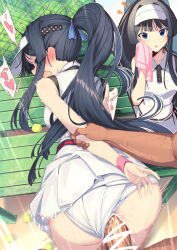  1boy 1girl absurdres ass ball bar_censor bench black_hair blush censored chain-link_fence clothing_aside commentary_request dark-skinned_male dark_skin ear_blush fence hat heart hetero highres holding holding_another&#039;s_arm holding_towel idolmaster idolmaster_million_live! long_hair looking_at_viewer mogami_shizuka notice_lines panties panties_aside penis ponytail pov pov_hands pussy_juice sex sex_from_behind shirt skirt spoken_heart sportswear standing standing_sex sweat tennis_ball tennis_uniform towel underwear very_long_hair visor_cap white_hat white_panties white_shirt white_skirt wristband yoshika_(music480069) 