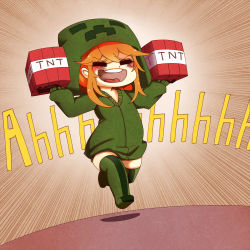  1girl :d =_= absurdres at2. blonde_hair blush_stickers chibi closed_eyes creeparka creeper cupa_(at2.) emphasis_lines explosive full_body gloves green_thighhighs hair_between_eyes highres holding hood hoodie long_sleeves minecraft open_mouth parody personification running serious_sam shadow short_hair shouting sidelocks smile solo thighhighs tnt tnt_block_(minecraft) tongue 