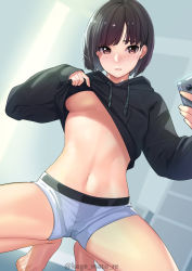 1girl absurdres barefoot black_hoodie blush bob_cut breasts brown_eyes brown_hair cellphone clothes_lift dutch_angle highres holding holding_phone hood hoodie hoodie_lift kagematsuri lifting_own_clothes light_smile long_sleeves looking_at_viewer medium_breasts mole mole_on_breast navel no_bra original parted_lips phone selfie shirt_lift short_hair short_shorts shorts sleeves_past_wrists smartphone solo spread_legs squatting stomach thighs twitter_username underboob white_shorts rating:Questionable score:94 user:danbooru