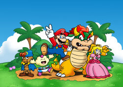  1girl 4boys blonde_hair blue_eyes bowser brown_hair day dress earrings facial_hair full_body geno_(mario) gloves grin hat horns jewelry jumping long_hair looking_at_viewer mallow_(mario) mario mario_(series) multiple_boys mustache nintendo one_eye_closed options overalls pink_dress princess_peach red_hair smile square_enix super_mario_rpg trembling v wink 
