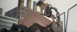  1boy 1girl ass bad_id bad_pixiv_id bald belt belt_pouch black_collar black_footwear blonde_hair blue_eyes boots child clothes_writing collar dark-skinned_male dark_skin dog_tags elbow_gloves emoji factory fence fingerless_gloves from_below gloves gun handgun hat legs long_hair looking_at_another micro_shorts midriff navel one_eye_closed original outdoors pointing_weapon police police_girl_(waterkuma) police_hat pouch shirt short_shorts shorts sitting sitting_on_person star_(symbol) thinking_emoji twintails unzipped utility_belt vest waterkuma weapon wince yellow_shirt zipper zipper_pull_tab  rating:Sensitive score:55 user:danbooru