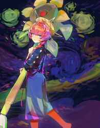 1girl blue_eyes blue_overalls braid choa_(narko11897) closed_mouth commentary fate/grand_order fate_(series) feet_out_of_frame flower from_side hat highres holding holding_flower leggings long_hair long_sleeves looking_at_viewer overalls red_hair red_leggings side_braid smile solo sunflower van_gogh_(fate) wide_sleeves yellow_hat 