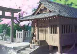  1girl architecture asuka_gin bag bird black_footwear black_hair box cherry_blossoms dappled_sunlight day donation_box east_asian_architecture falling_petals highres long_hair office_lady original outdoors petals ponytail rope scenery shide shimenawa shrine skirt solo stairs standing sunlight torii tree 