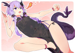  1girl :d black_panties breasts breath_weapon breathing_fire china_dress chinese_clothes clenched_hand covered_erect_nipples covered_navel dragon_horns dragon_tail dress dutch_angle fire floral_print hair_ornament horns leg_up long_hair open_mouth panties petenshi_(dr._vermilion) purple_eyes purple_hair side-tie_panties small_breasts smile solo tail underwear voiceroid yuzuki_yukari 