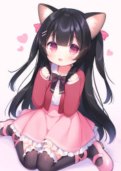 1girl :d animal_ear_fluff animal_ears black_bow black_hair black_thighhighs blush bow cat_ears collared_shirt commentary frilled_skirt frilled_thighhighs frills hair_ornament hairclip hands_up heart highres jacket long_hair long_sleeves looking_at_viewer open_clothes open_jacket open_mouth original over-kneehighs pink_footwear pink_skirt pleated_skirt red_eyes red_jacket shirt shoes sitting skirt sleeves_past_wrists smile solo thighhighs two_side_up usashiro_mani very_long_hair wariza white_shirt rating:General score:14 user:danbooru