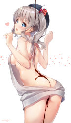 10s 1girl absurdres ass backless_outfit bare_back blue_eyes blush breasts chocolate chocolate_on_body grey_sweater hat heart highres kantai_collection kashima_(kancolle) looking_at_viewer meme_attire short_hair sideboob signature silver_hair simple_background solo sora_from_france sweater turtleneck turtleneck_sweater twintails virgin_killer_sweater white_background rating:Questionable score:24 user:danbooru