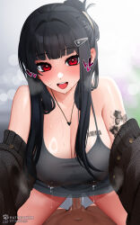  1boy 1girl :d barcode barcode_tattoo black_bra black_dress black_hair blunt_bangs blush bra breast_tattoo breasts butterfly_tattoo cowgirl_position d_(killer_wife)_(nikke) d_(nikke) dongtan_dress dress ett girl_on_top goddess_of_victory:_nikke happy_sex heart heart_necklace highres jewelry lactation lactation_through_clothes large_breasts long_hair looking_at_viewer meme_attire necklace official_alternate_costume open_mouth red_eyes sex smile straddling sweat tattoo underwear  rating:Explicit score:44 user:Leksa