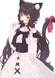  1girl :p animal_ear_fluff animal_ears bare_shoulders black_hair bow breasts candy cat_ears cat_girl cat_tail chloette collar dress fang food frilled_sleeves frills heart heart-shaped_lollipop highres licking lollipop long_hair long_sleeves looking_at_viewer medium_breasts off-shoulder_dress off_shoulder original red_eyes red_nails shaped_lollipop simple_background skin_fang tail tail_bow tail_ornament tongue tongue_out very_long_hair white_background white_dress wide_sleeves 
