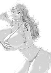  1girl ass bikini breasts cleavage curvy grabbing_own_breast greyscale highres huge_ass huge_breasts kding monochrome nami_(one_piece) one_piece shiny_skin shoulder_tattoo simple_background smile solo swimsuit tattoo thong thong_bikini wide_hips 
