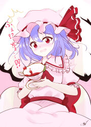  1girl ^^^ absurdres accident back_bow bat_wings blue_hair blush bow charisma_break commentary_request cowboy_shot cup fang floating_hair frilled_shirt_collar frilled_sleeves frills frown hair_between_eyes hat highres hoshikage_syo looking_down mob_cap nose_blush open_mouth pink_headwear pink_shirt pink_skirt puffy_short_sleeves puffy_sleeves red_bow red_eyes remilia_scarlet shirt short_hair short_sleeves signature simple_background skirt solo surprised sweat tea teacup touhou trembling wavy_mouth white_background wings 