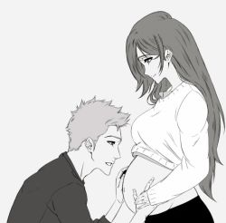  1boy 1girl animated animated_gif belly belly_kiss bleach hands_on_another&#039;s_face hands_on_another&#039;s_stomach happy husband_and_wife inoue_orihime jewelry kiss kissing_forehead kurosaki_ichigo long_hair monochrome navel pregnant ring rozuberry short_hair simple_background smile stomach ugoira wedding_ring white_background  rating:Sensitive score:91 user:Cheria_Barnes