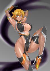  1girl arms_up bare_shoulders blonde_hair blue_eyes blush bodysuit breasts cleavage_cutout clothing_cutout covered_navel curvy dark_skin dual_wielding gloves highleg highleg_leotard highres holding igawa_sakura large_breasts leotard looking_at_viewer nado.e one-piece_tan partially_visible_vulva revealing_clothes shiny_skin short_hair simple_background skin_tight smile solo taimanin_(series) taimanin_asagi taimanin_rpgx taimanin_suit tan tanline thighhighs thong_leotard wide_hips  rating:Sensitive score:27 user:jojosstand